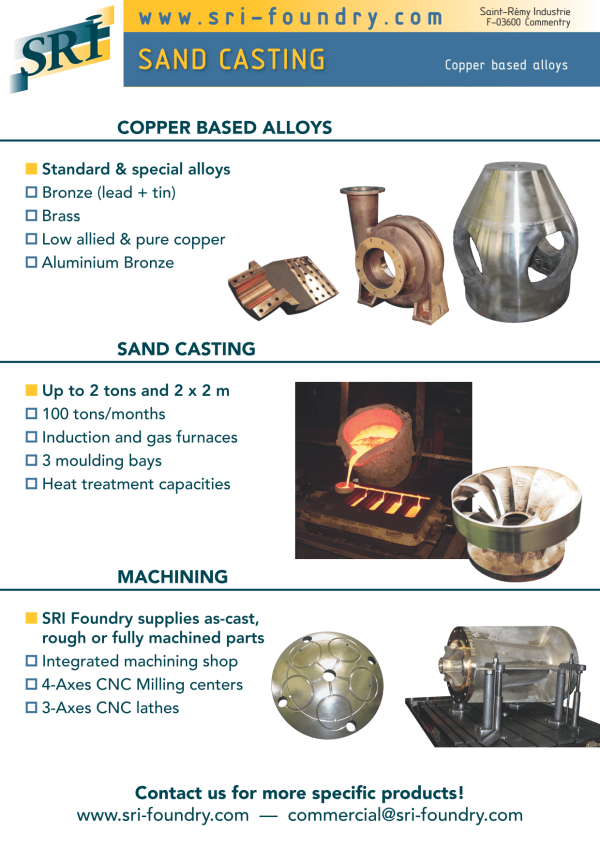 Leaflet SRI sand casting foundry presenting the different alloys and casting components